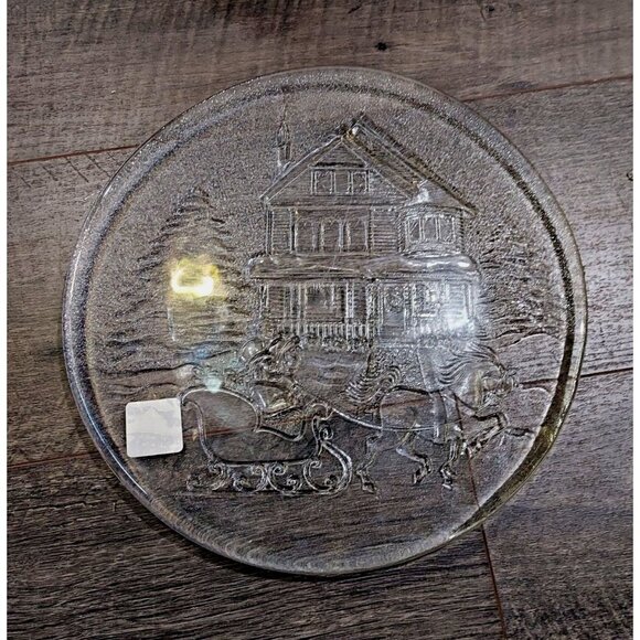 Libby Winter Christmas Holiday Sleigh Ride Clear Glass Serving Platter Plate - Picture 4 of 10